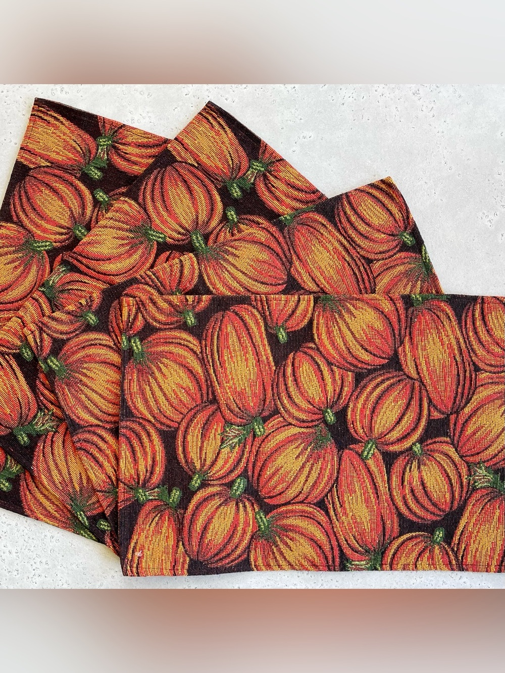 Set of 4 Woven Tapestry Style Orange Fall Pumpkin Harvest Season Halloween Place